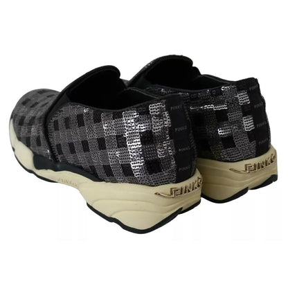 PINKO Silver Black Slip-on Sequence Design Sneakers Shoes