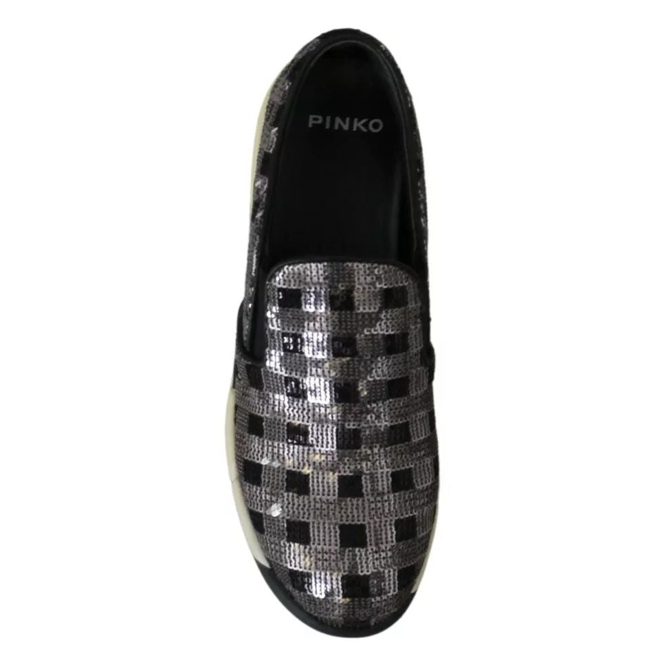 PINKO Silver Black Slip-on Sequence Design Sneakers Shoes