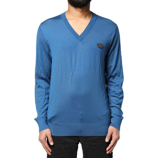 Dolce & Gabbana Blue Cashmere Crown V-neck Pullover Sweater