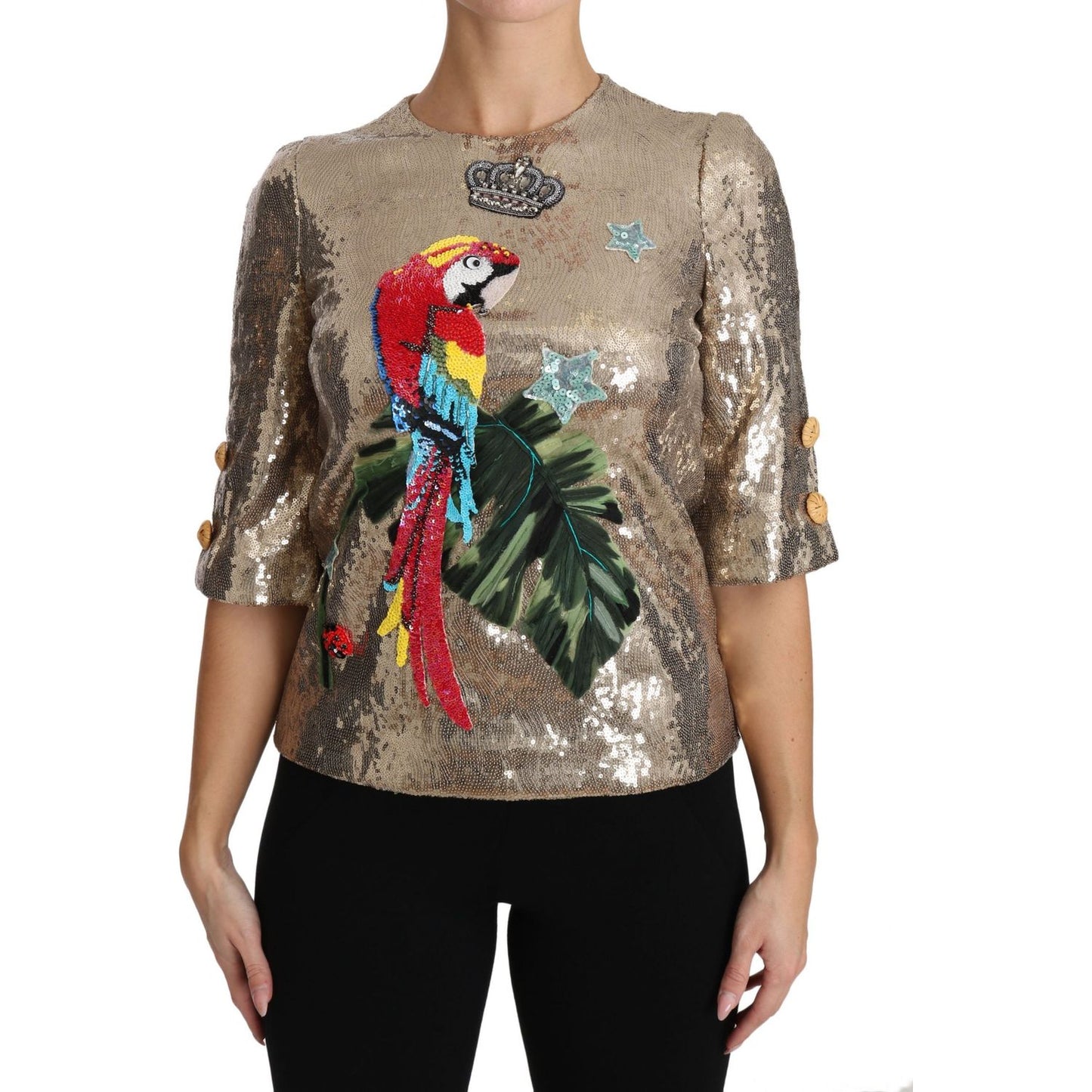 Dolce & Gabbana Gold Sequined Parrot Crystal Blouse