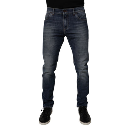 Dolce & Gabbana Dark Blue Cotton Leather Skinny Denim Jeans
