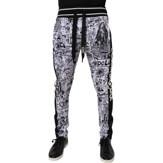 Dolce & Gabbana White Graffiti Polyester Jogger Men Sweatpants Pants