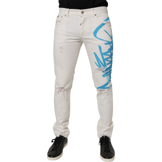 Dolce & Gabbana White Tattered Graffiti Skinny Denim Jeans