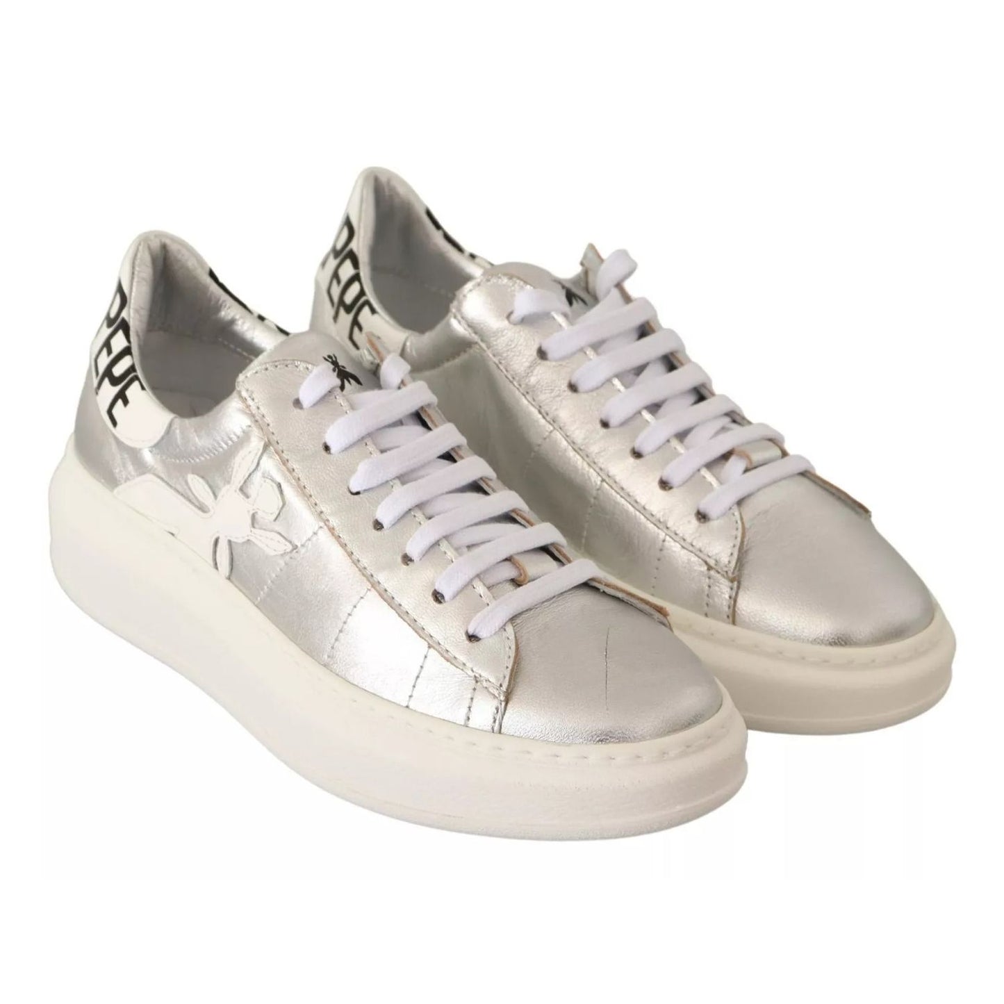 Patrizia Pepe Silver Full Grain Leather Lace Up Sneakers Shoes