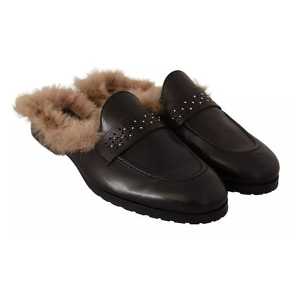 Peserico Black Leather Fur Perforated Slip On Flats Shoes