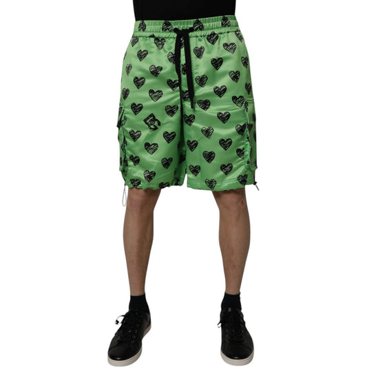 Dolce & Gabbana Green Heart Print Cargo Men Bermuda Shorts