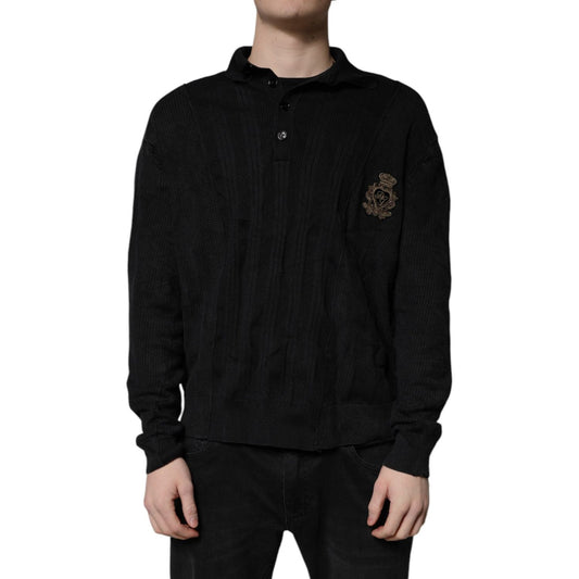 Dolce & Gabbana Black Heraldic Silk Buttoned Pullover Sweater
