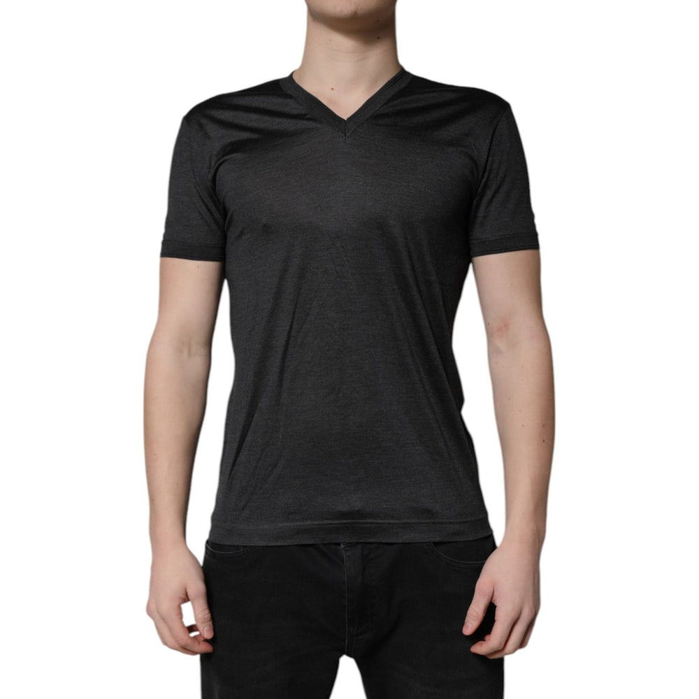Dolce & Gabbana Dark Gray Silk V-neck Short Sleeves T-shirt TSH84664-46