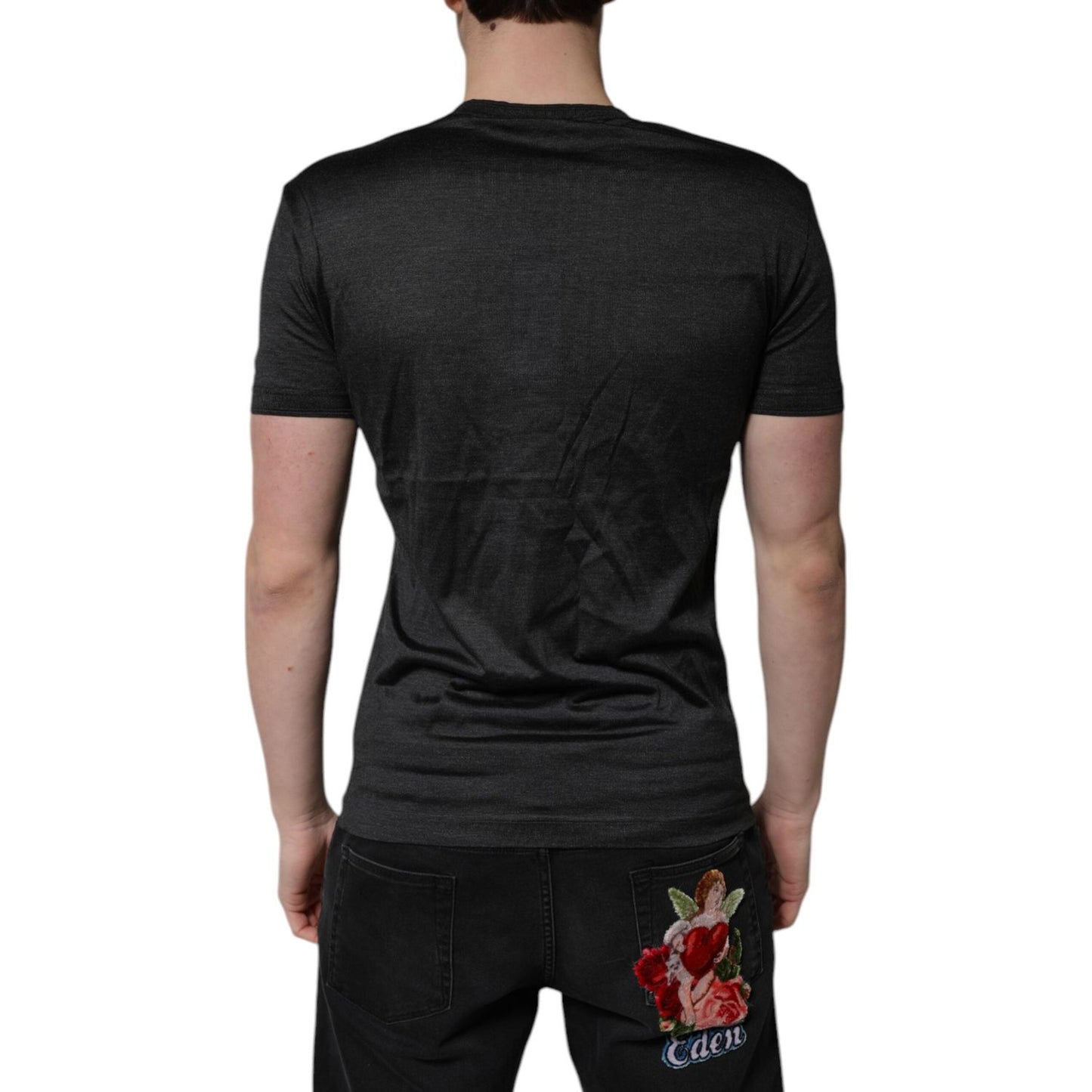 Dolce & Gabbana Dark Gray Silk V-neck Short Sleeves T-shirt TSH84664-46