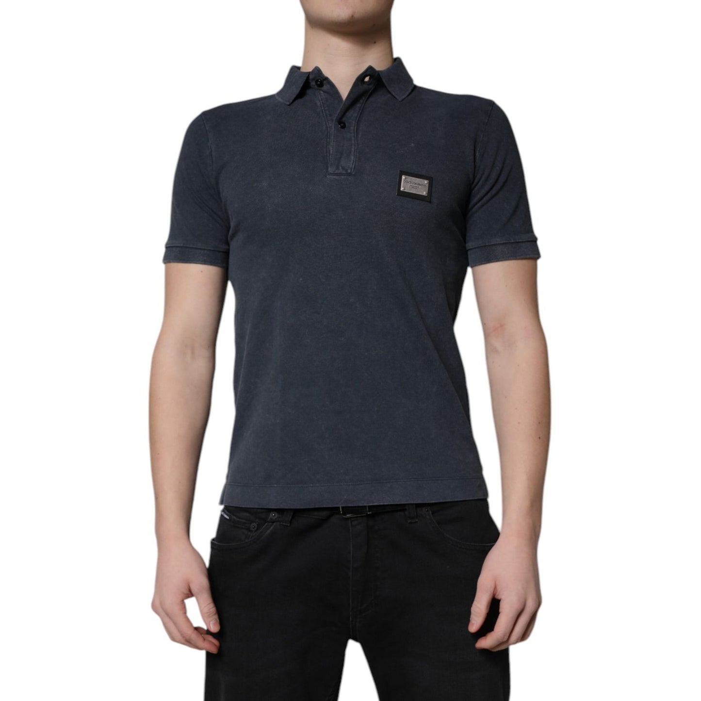 Dolce & Gabbana Dark Blue Logo Plaque Cotton Men Polo Shirt T-shirt