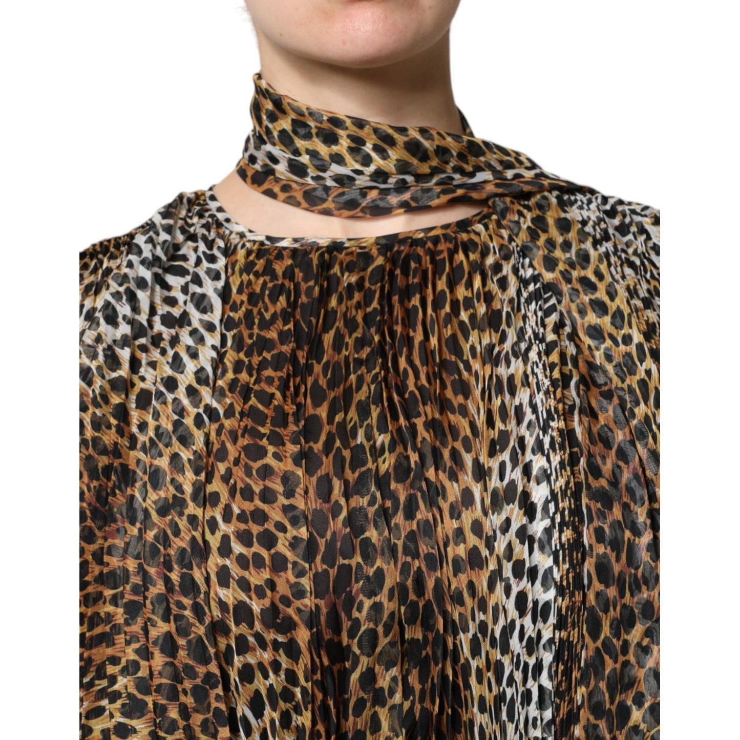 Dolce & Gabbana Brown Leopard Print Scarf Collared Chiffon Dress