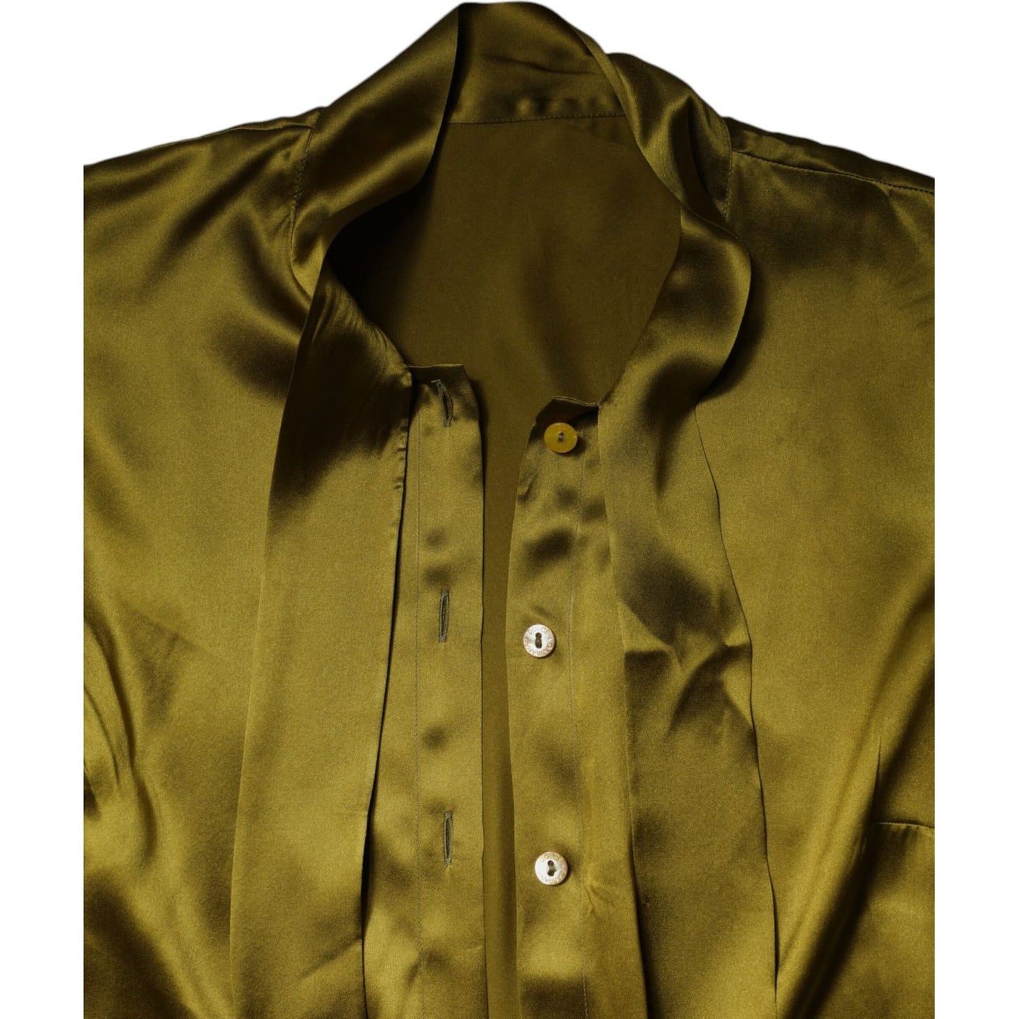 Dolce & Gabbana Olive Green Ascot Collar Long Sleeve Blouse Top