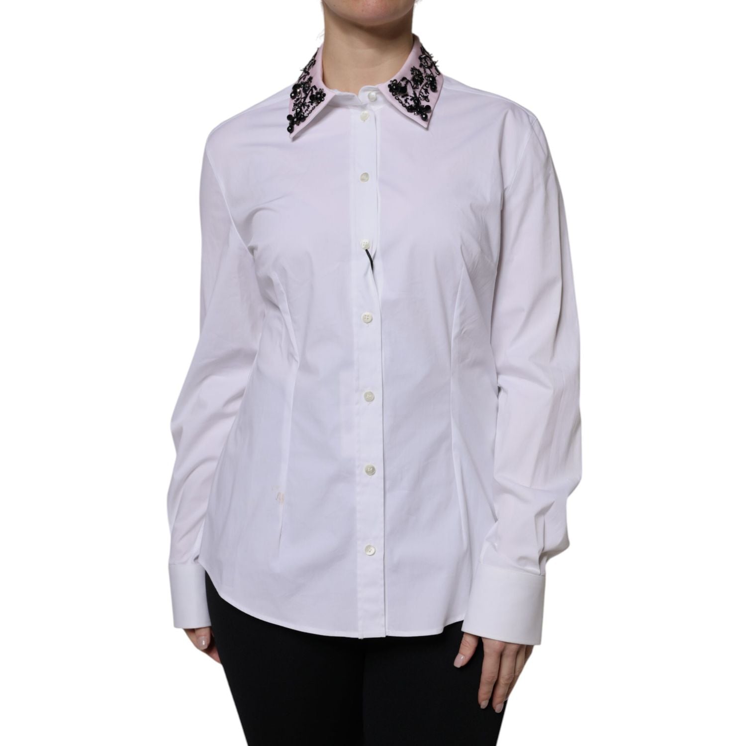 Dolce & Gabbana White Embellished Collared Dress Shirt Top