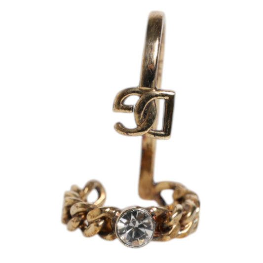 Dolce & Gabbana Gold Tone Engraved Logo Clear Crystals Adjustable Ring