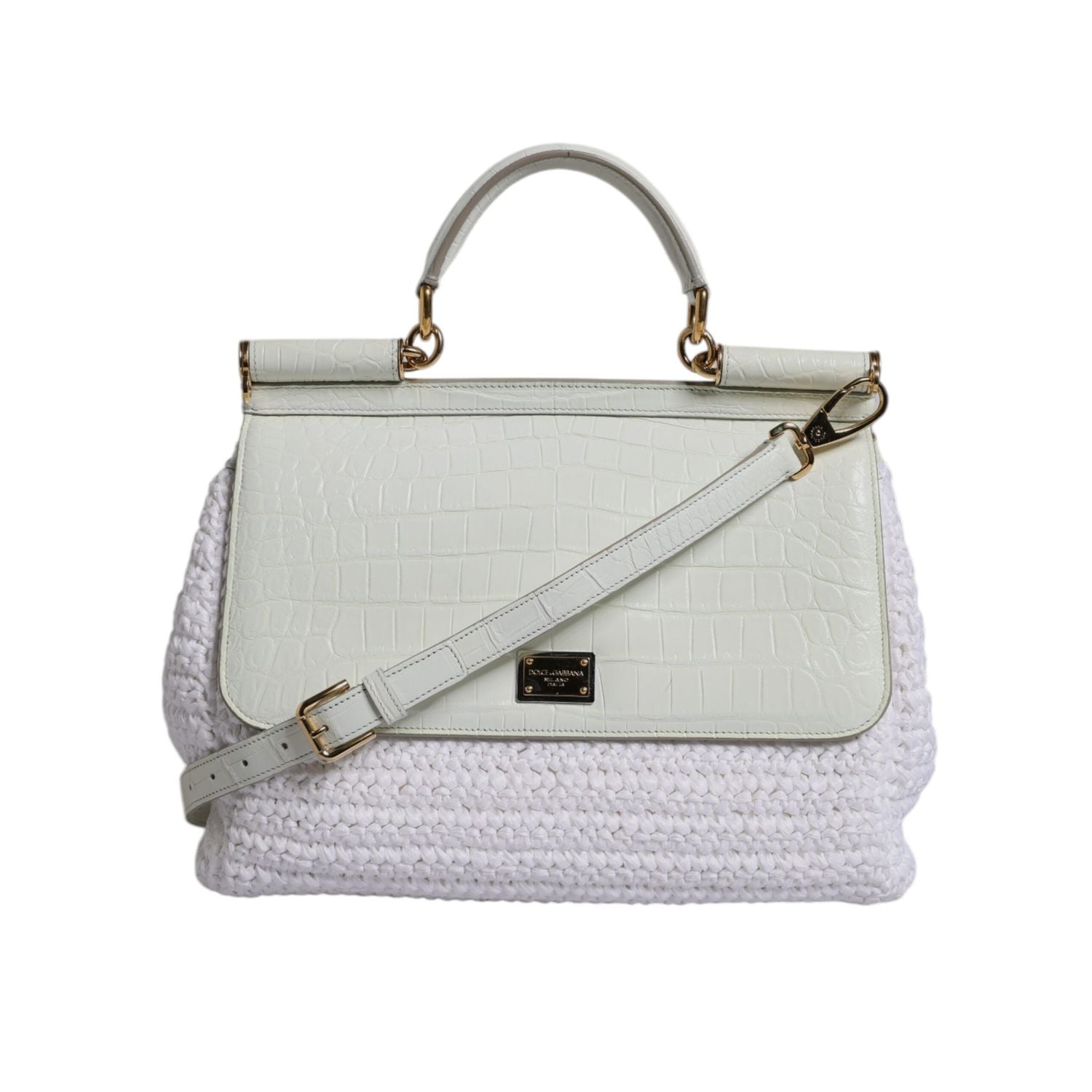 Dolce & Gabbana White Rafia Leather Top Handle Crossbody Bag
