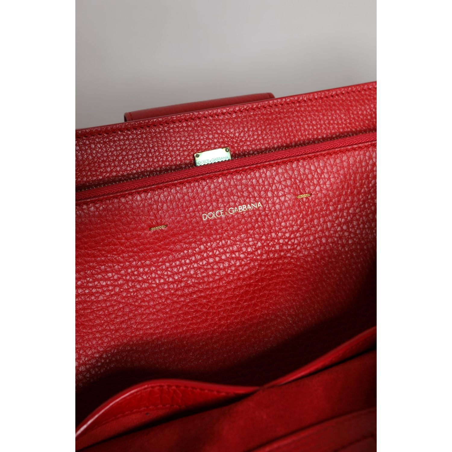 Dolce & Gabbana Red Calfskin Leather Logo Plaque Top Handle Bag
