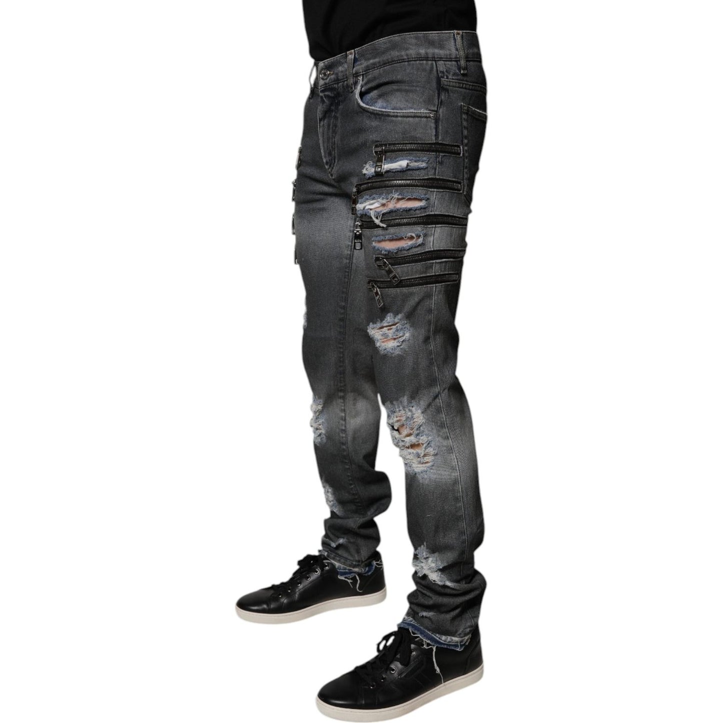 Dolce & Gabbana Dark Gray Tattered Cotton Skinny Denim Jeans PAN75173-48