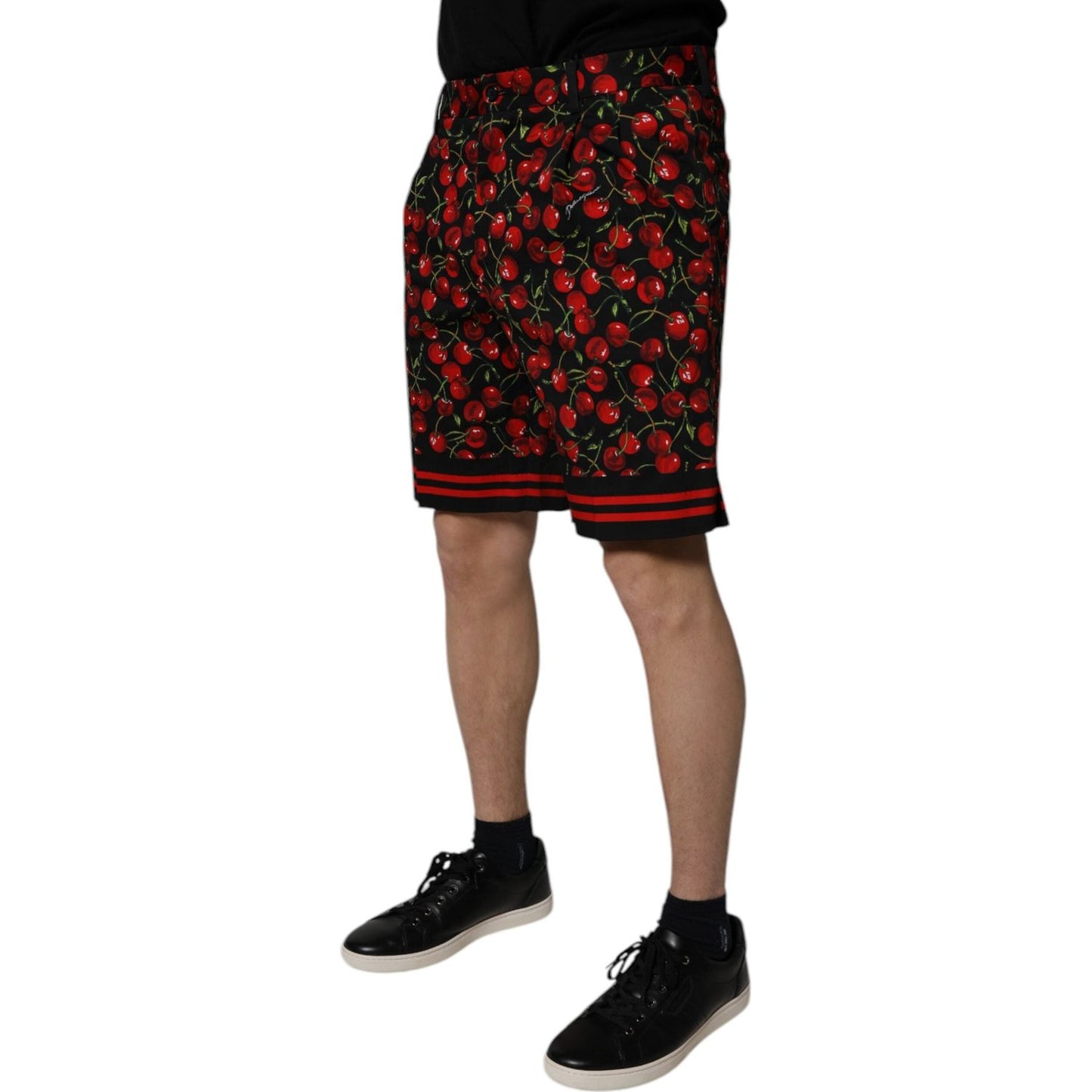 Dolce & Gabbana Black Red Cherry Print Bermuda Cotton Shorts PAN75748-48