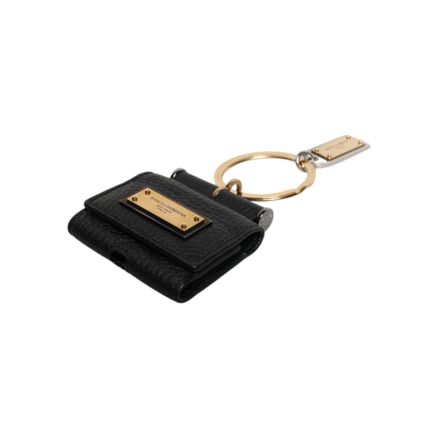 Dolce & Gabbana Black Leather Strap Gold Metal Logo Plaque Airpods Case