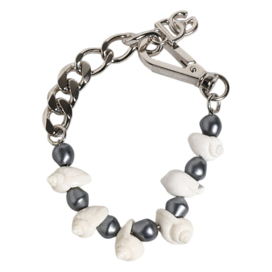 Dolce & Gabbana Silver Tone Brass Beaded Shell DG Logo Pendant Bracelet