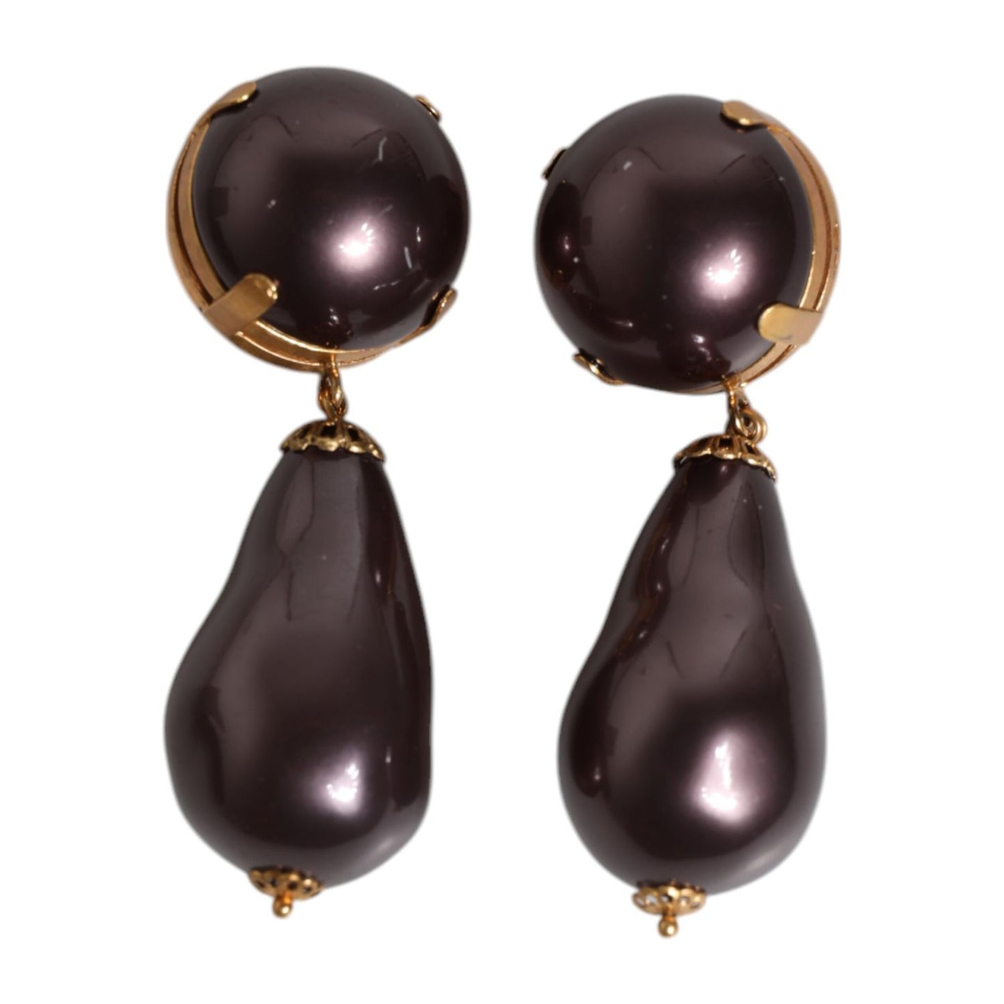 Dolce & Gabbana Gold Brass Black Pearl Clip On Dangling Jewelry Earrings