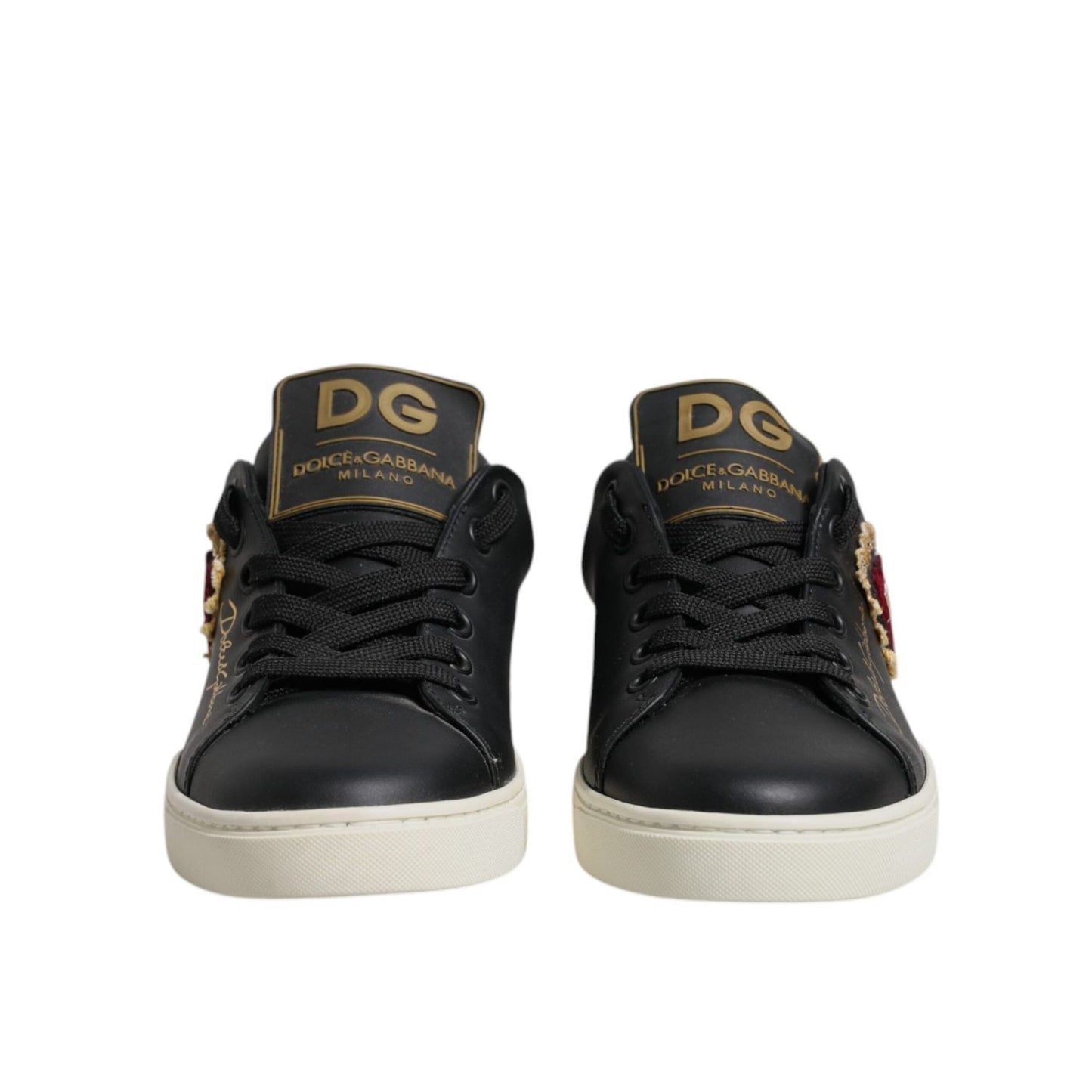 Dolce & Gabbana Black Leather Gold Red Heart Sneakers Shoes LA12529-35