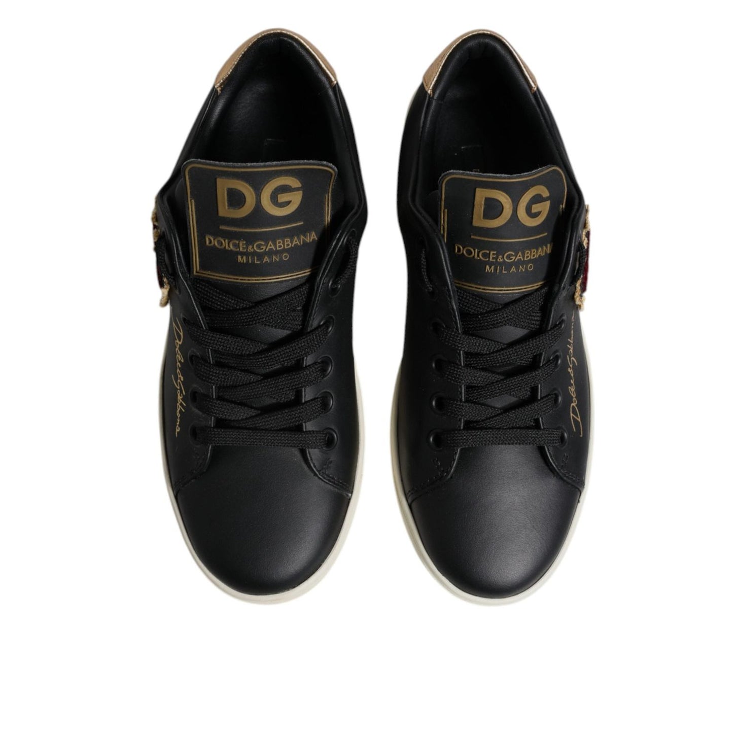 Dolce & Gabbana Black Leather Gold Red Heart Sneakers Shoes LA12529-35