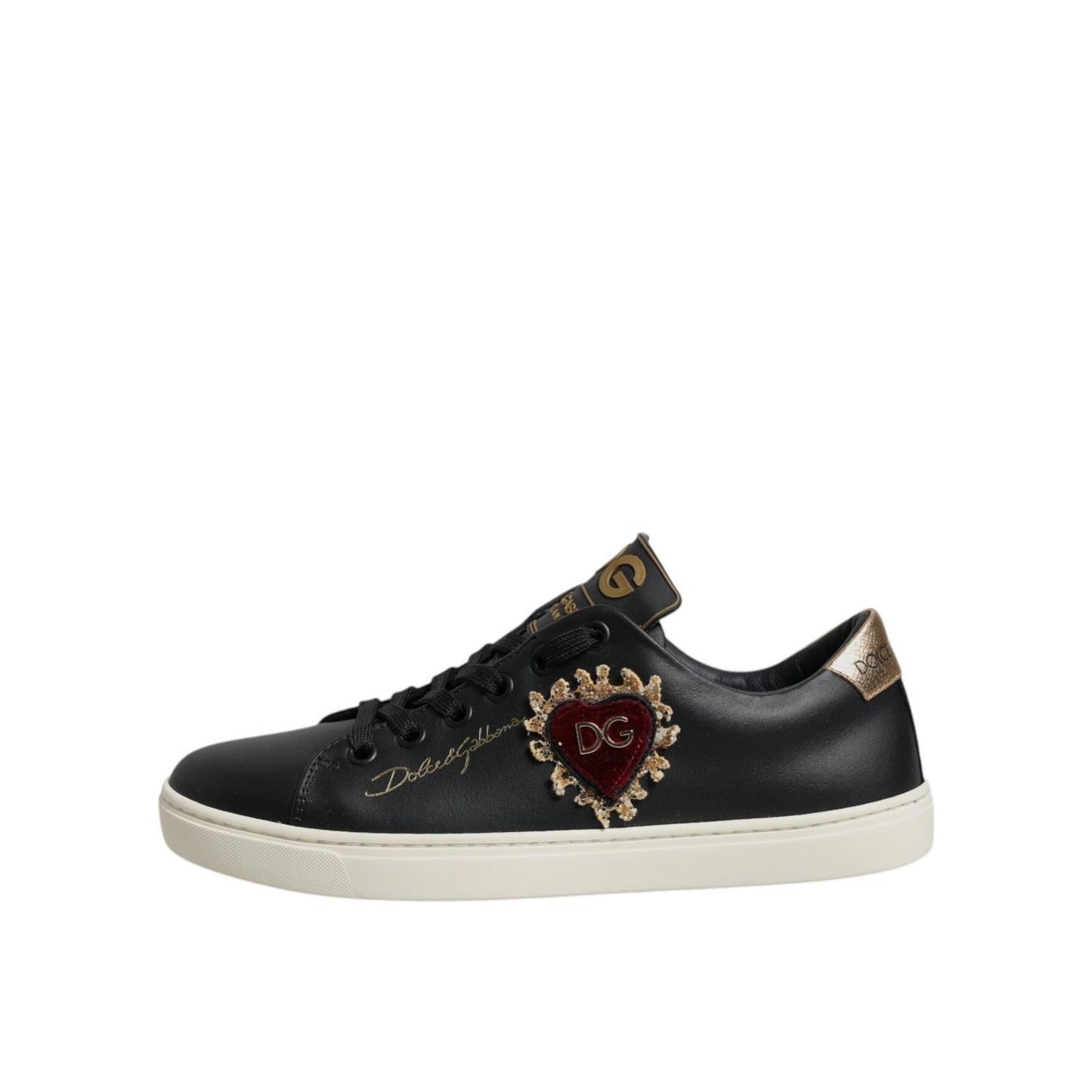 Dolce & Gabbana Black Leather Gold Red Heart Sneakers Shoes LA12529-35