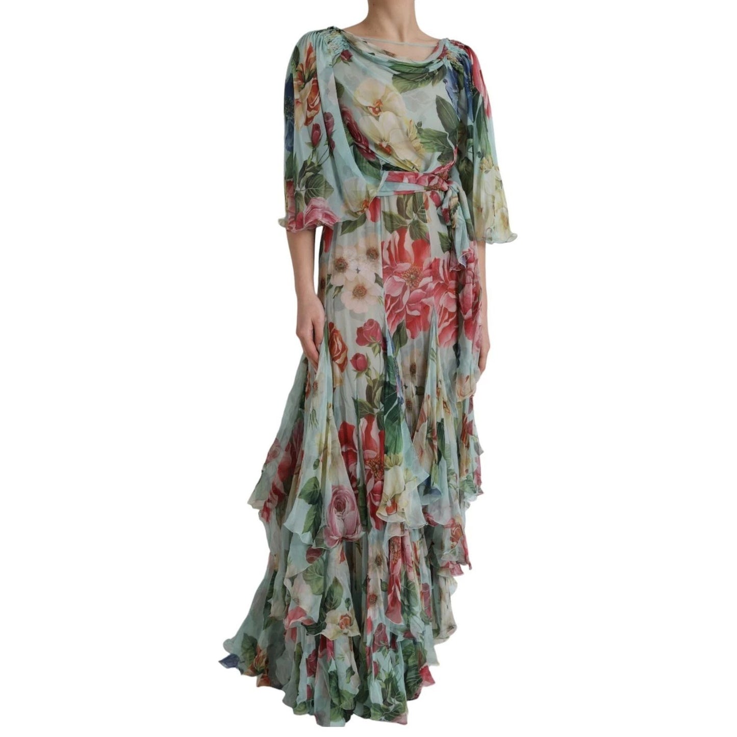 Dolce & Gabbana Blue Floral Print Tiered Long Maxi Dress