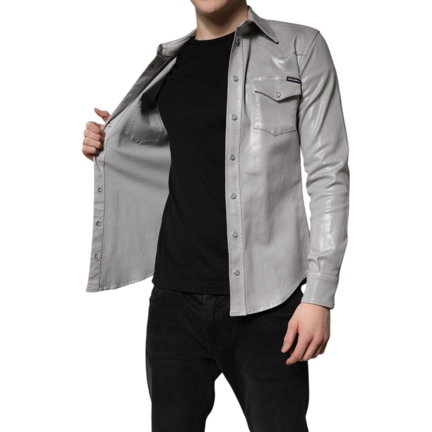 Dolce & Gabbana Metallic Gray Cotton Button Down Shirt TSH878485-37