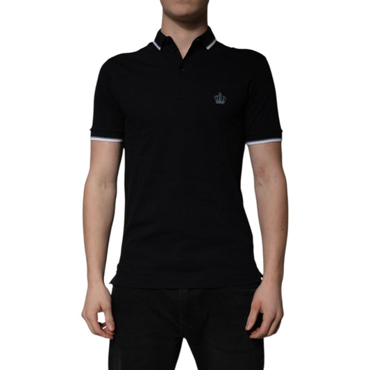 Dolce & Gabbana Black Cotton Crown Collared Polo T-shirt