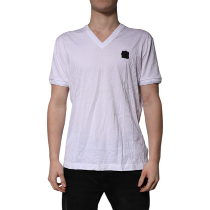 Dolce & Gabbana White Cotton Logo Patch V-neck Tee T-shirt