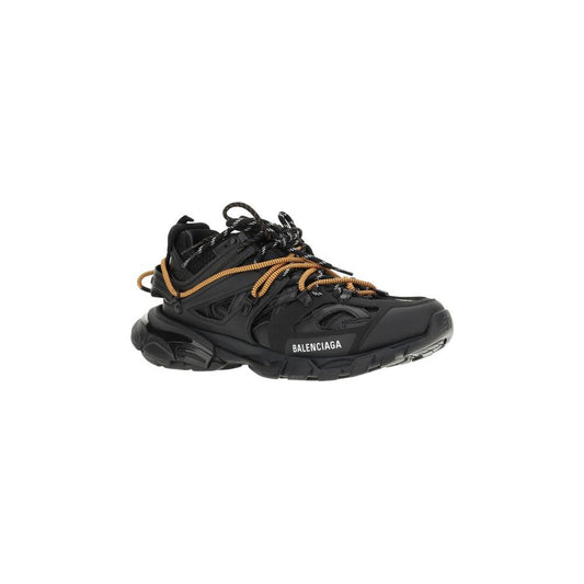 Balenciaga Track Trail Laces Sneakers with black design, double knotted laces, and distinctive brand logos on sole and heel.