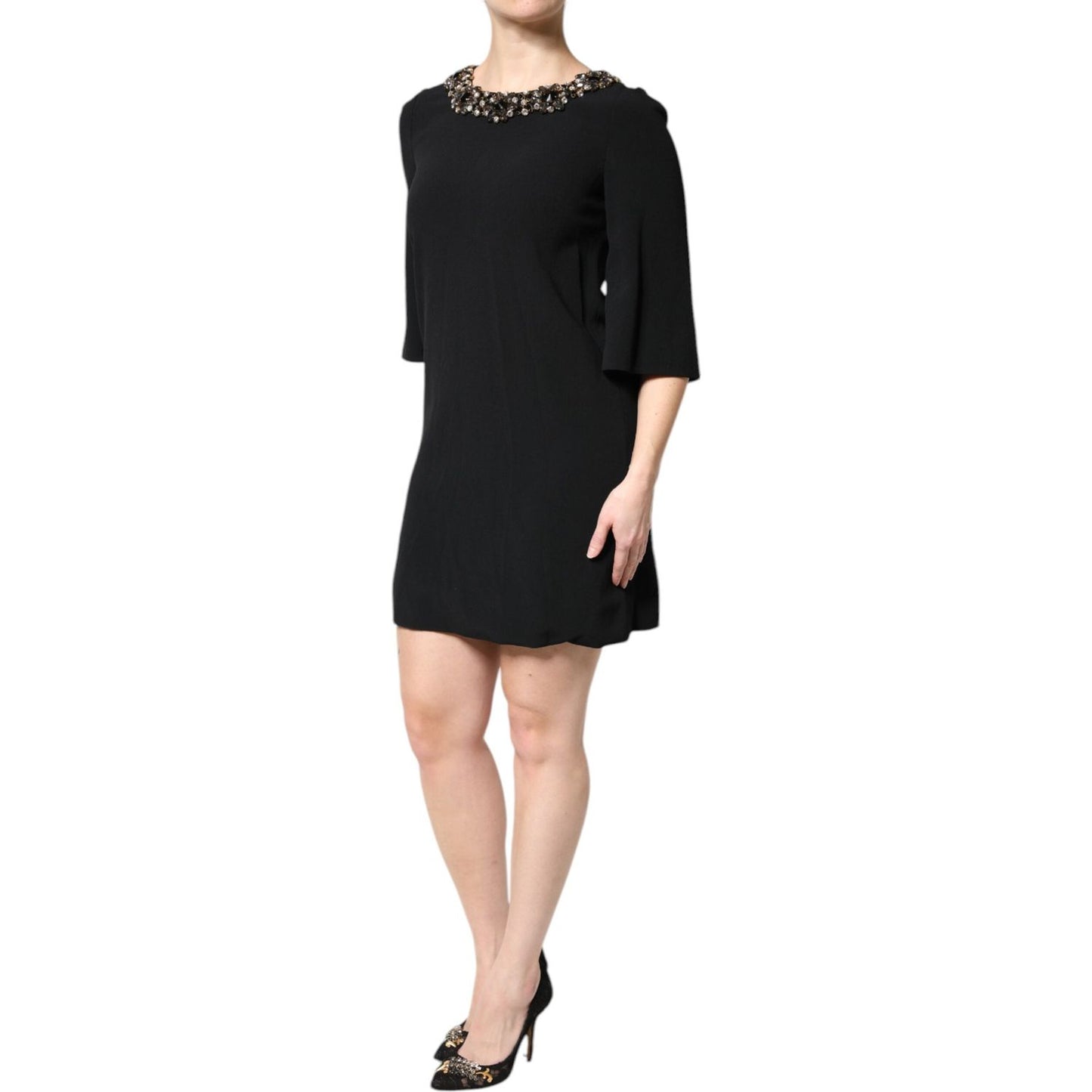 Dolce & Gabbana Black Crystal Embellished Round Neck Mini Dress DR81658-36