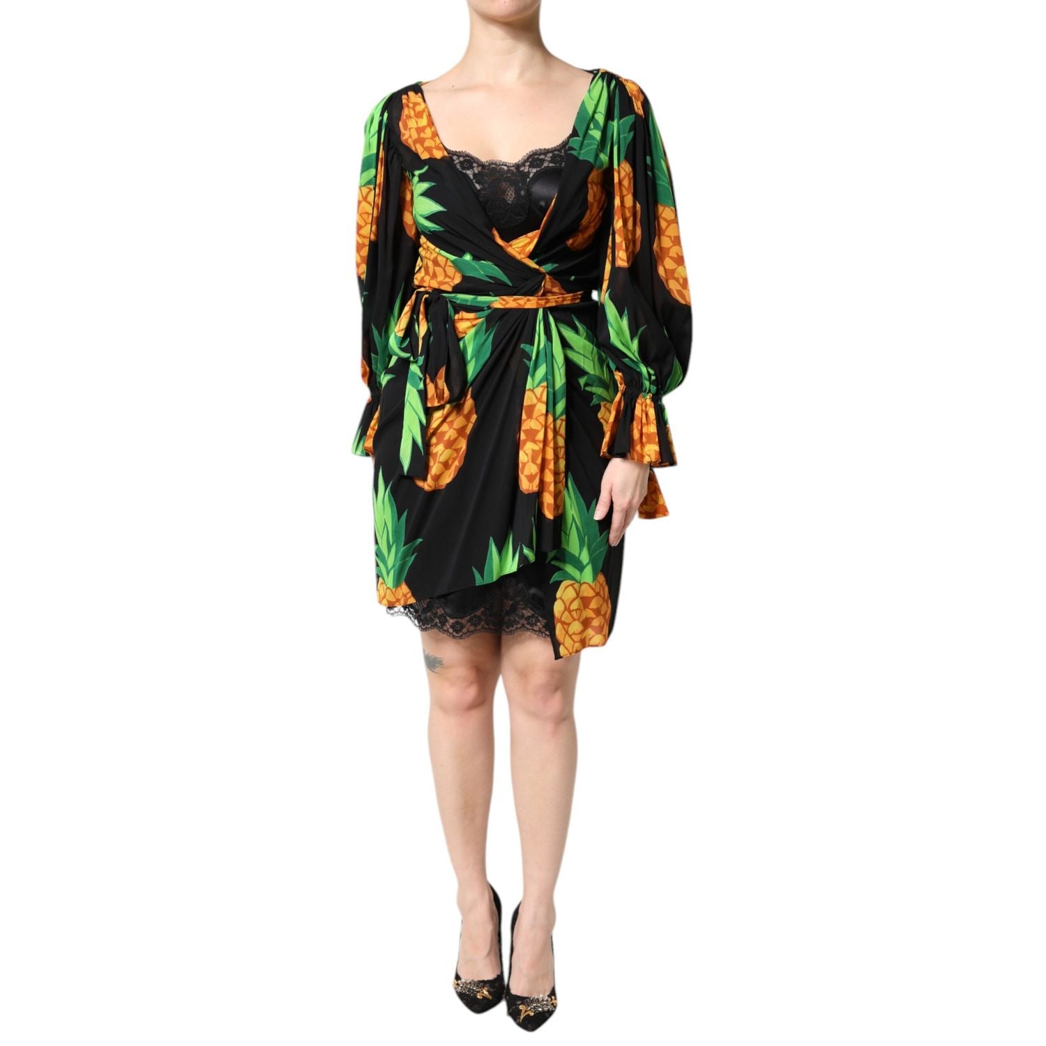 Dolce & Gabbana Black Silk Pineapple Draped Print Wrap Dress