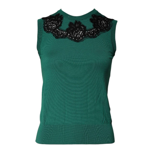 Dolce & Gabbana Green Wool Lace Detail Sleeveless Tank Top