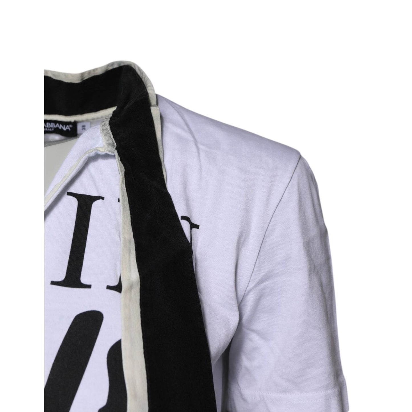 Dolce & Gabbana White Cotton Silk Blend Ascot Collar T-shirt