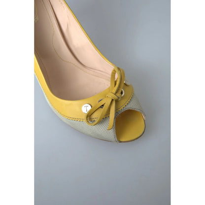 Tod's Yellow Off White Peep Toe Heels Pumps Shoes