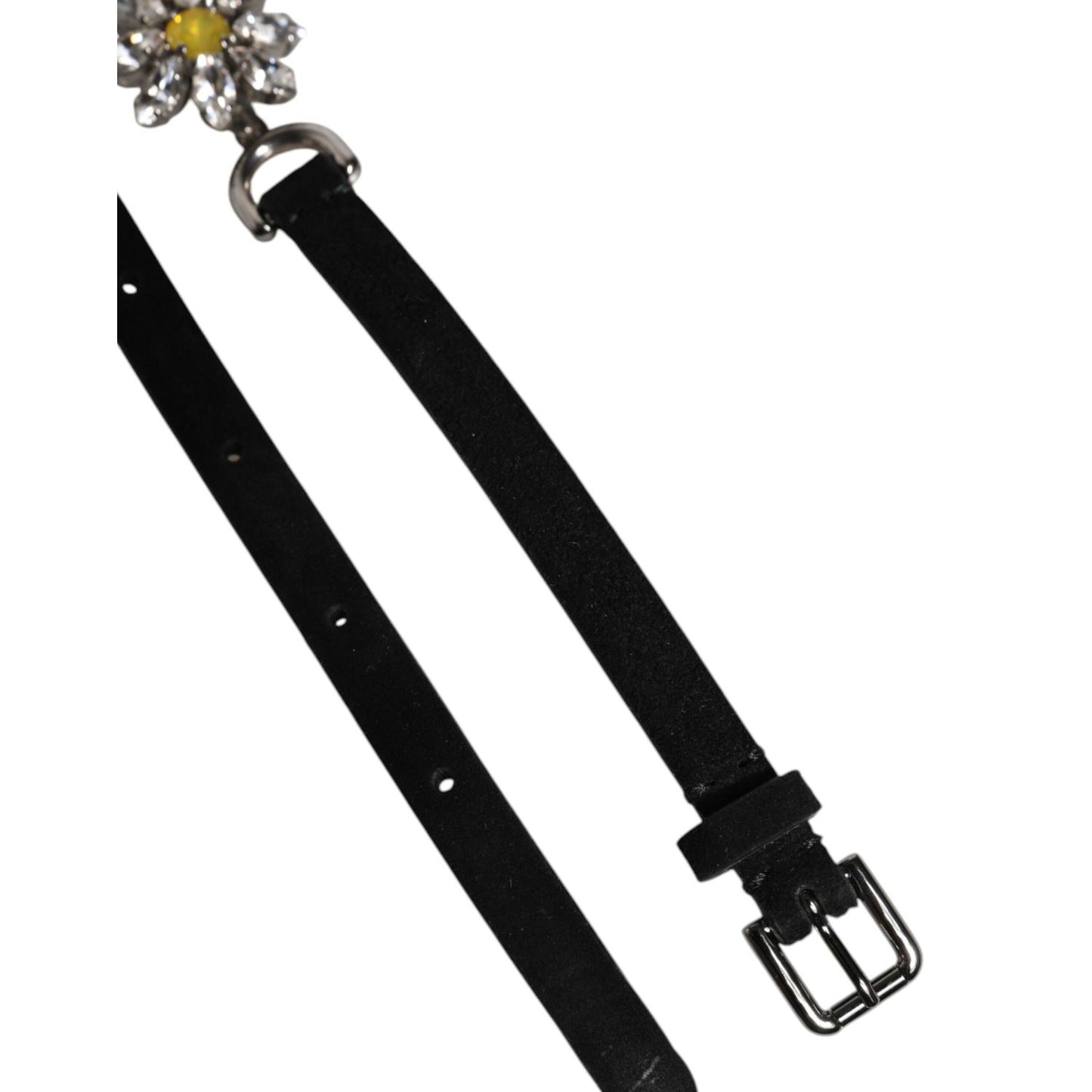 Dolce & Gabbana Black Leather Daisy Crystal Embellish Waist Belt