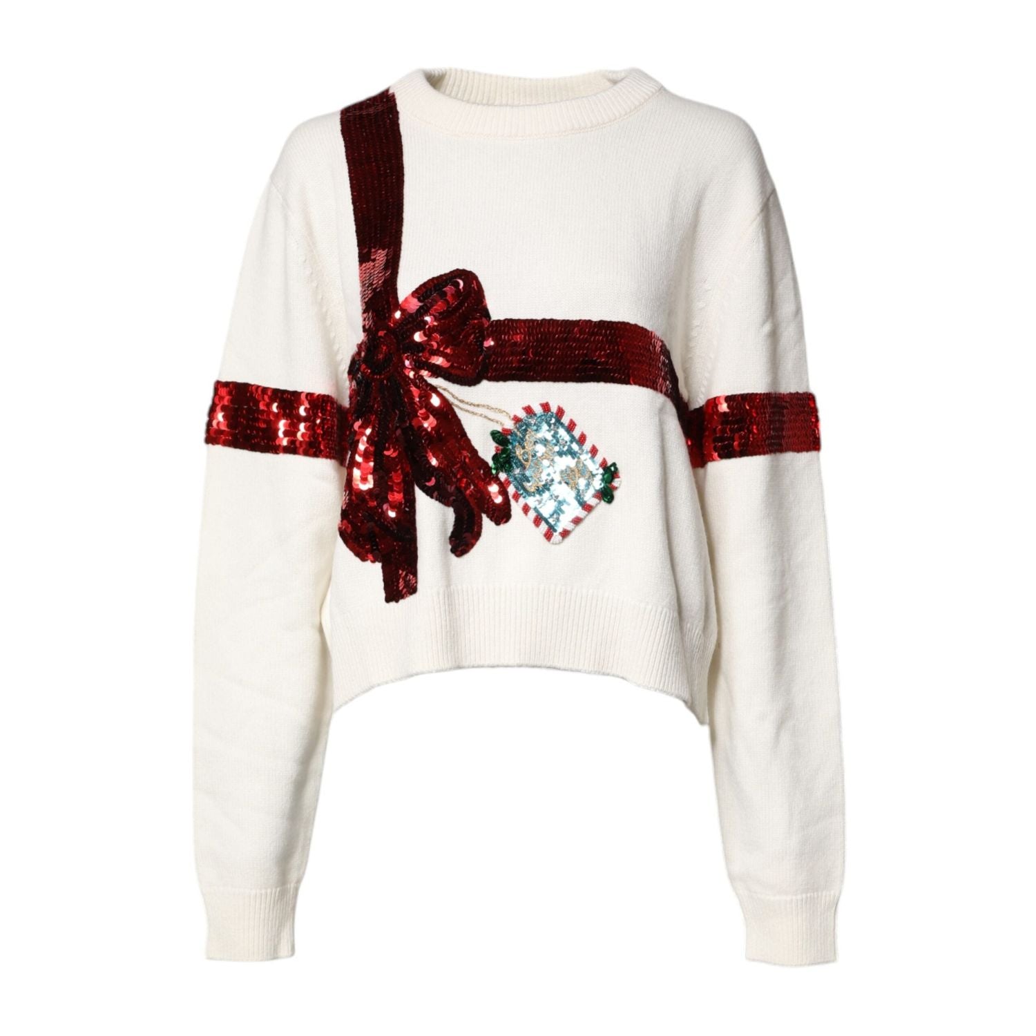 Dolce & Gabbana White Sequined Crew Neck Pullover Sweater