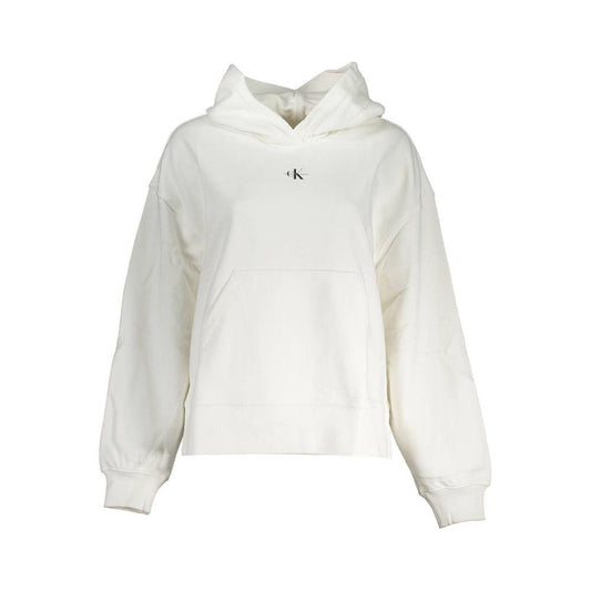 Calvin Klein white hooded women's sweatshirt with front logo and pocket, made from sustainable recycled cotton.