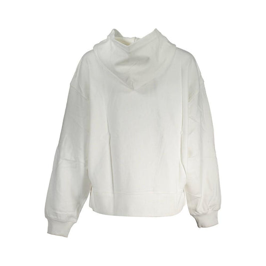 Calvin Klein white cotton women's sweater with hood, showcasing its eco-friendly recycled material. Back view, minimalist style.