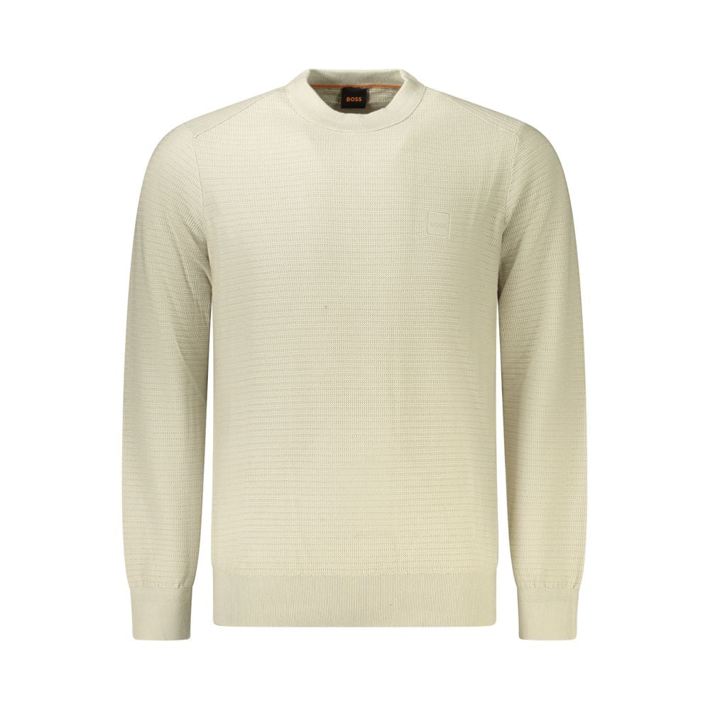 Hugo Boss Beige Cotton Men Sweater with long sleeves and crew neck, featuring subtle logo for a stylish, modern look in soft cotton and cashmere blend.