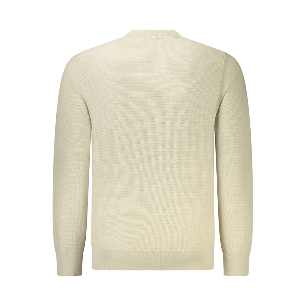 Hugo Boss Beige Cotton Men Sweater - luxurious long-sleeve with subtle logo on crew neck, 95% cotton, 5% cashmere, perfect for modern style.