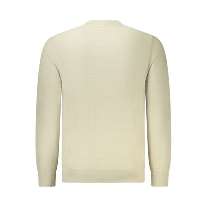 Hugo Boss Beige Cotton Men Sweater - luxurious long-sleeve with subtle logo on crew neck, 95% cotton, 5% cashmere, perfect for modern style.