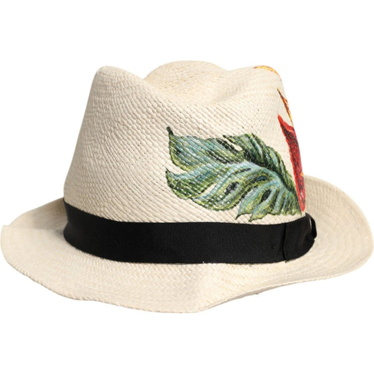 Dolce & Gabbana Beige Floral Print Straw Wide Brim Fedora Hat