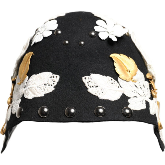 Dolce & Gabbana Black Wool White Floral Gold Leaf Cloche Hat