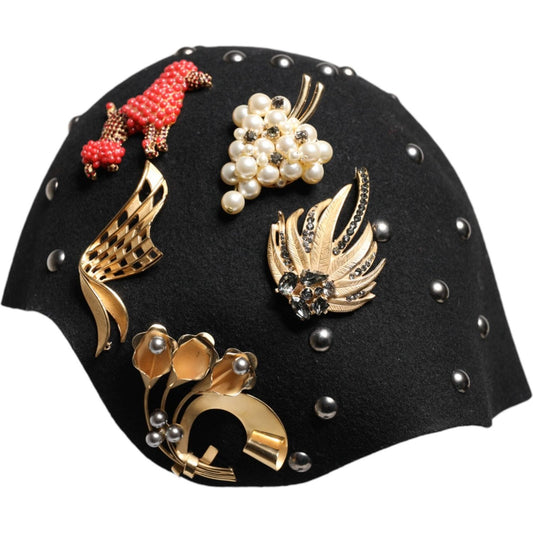 Dolce & Gabbana Black Wool Multicolor Embellished Cloche Hat