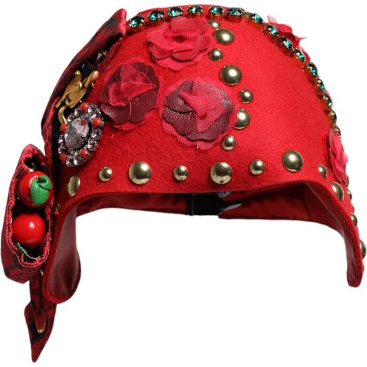 Dolce & Gabbana Red Crystal Gold Roses Brooch Embellished Hat
