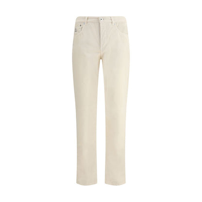 Brunello Cucinelli White Cotton Casual Pants with corduroy texture, five-pocket design, and logoed leather patch.